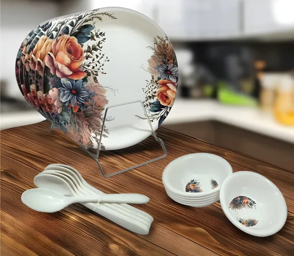 Multicolor_18_Pcs_Melamine_Dinner_Set_Contains_6_Full_Plates,_6_Bowls_And_6_Spoons_|_Elegant_Printed_Dinnerware_For_Home_Kitchen