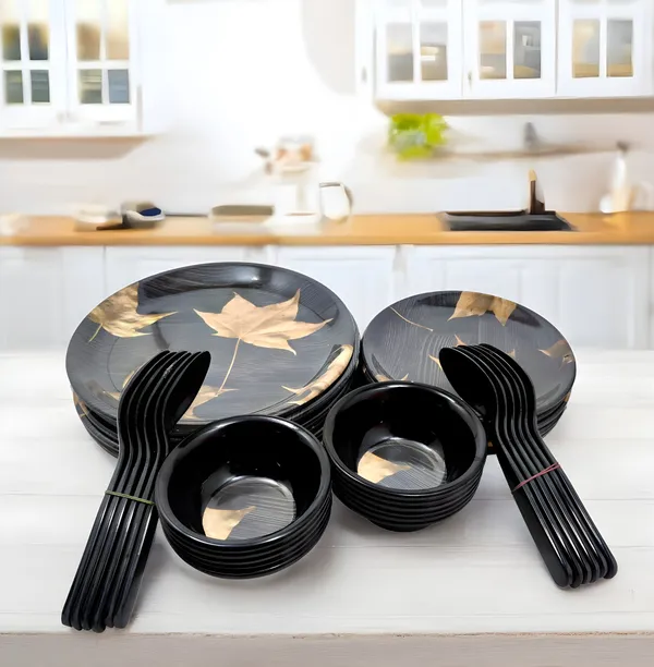 Black_Printed_36_Pcs_Melamine_Dinner_Set_Contains_6_Full_Plates,_6_Half_Plates,_12_Bowls_And_12_Spoons_|_Durable,_Stylish_&_Food-Grade