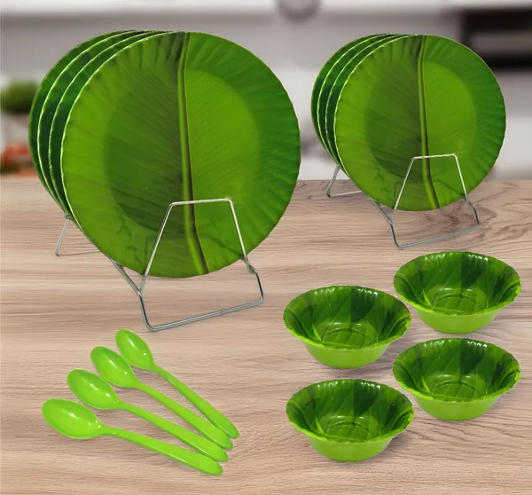 Green_Elegant_Melamine_16_Pcs_Dinner_Set_Contains_4_Full_Plates,_4_Half_Plates,_4_Bowls_And_4_Spoons_|_Lightweight,_Gloss_Finish_Dinnerware