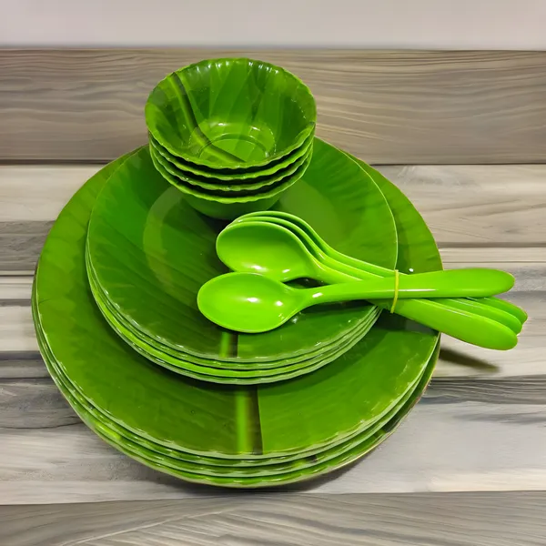 Green_Elegant_Melamine_16_Pcs_Dinner_Set_Contains_4_Full_Plates,_4_Half_Plates,_4_Bowls_And_4_Spoons_|_Lightweight,_Gloss_Finish_Dinnerware