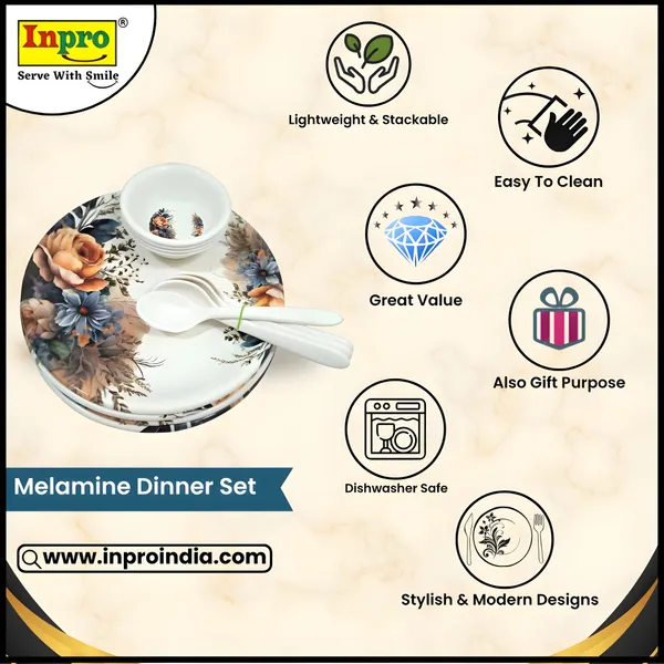 Multicolor_Lightweight_&_Strong_Melamine_12_Pcs_Dinner_Set_Contains_4_Full_Plates,_4_Bowls_And_4_Spoons_|_Elegant_Printed_Dinnerware_For_Daily_Use