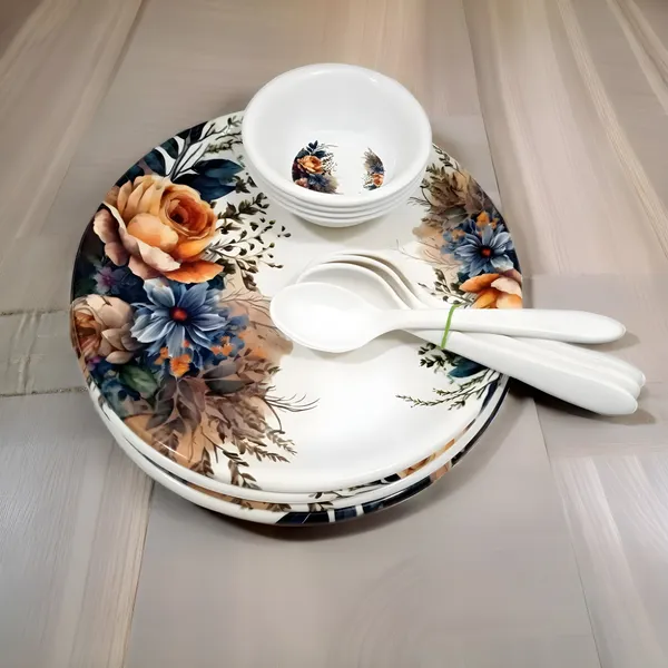 Multicolor_Lightweight_&_Strong_Melamine_12_Pcs_Dinner_Set_Contains_4_Full_Plates,_4_Bowls_And_4_Spoons_|_Elegant_Printed_Dinnerware_For_Daily_Use