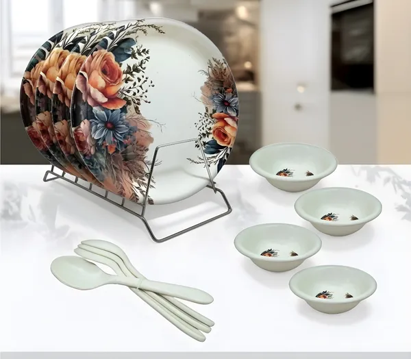 Multicolor_Lightweight_&_Strong_Melamine_12_Pcs_Dinner_Set_Contains_4_Full_Plates,_4_Bowls_And_4_Spoons_|_Elegant_Printed_Dinnerware_For_Daily_Use