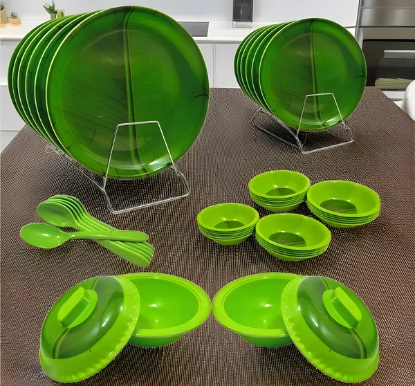 Green_Modern_Printed_34_Pcs_Melamine_Dinner_Set_Contains_6_Full_Plates,_6_Half_Plates,_12_Bowls,_6_Spoons,_2_Donga_And_2_Lid_I_Perfect_Kitchen_Utensils_Set_For_Family_Meals