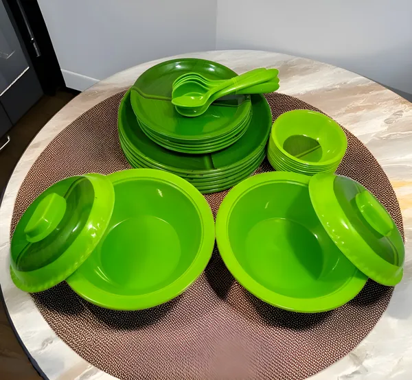 Green_Modern_Printed_34_Pcs_Melamine_Dinner_Set_Contains_6_Full_Plates,_6_Half_Plates,_12_Bowls,_6_Spoons,_2_Donga_And_2_Lid_I_Perfect_Kitchen_Utensils_Set_For_Family_Meals