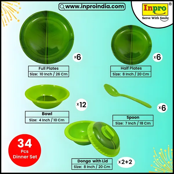 Green_Modern_Printed_34_Pcs_Melamine_Dinner_Set_Contains_6_Full_Plates,_6_Half_Plates,_12_Bowls,_6_Spoons,_2_Donga_And_2_Lid_I_Perfect_Kitchen_Utensils_Set_For_Family_Meals