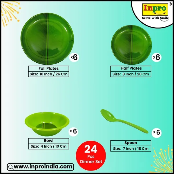 Green_24_Pcs_Melamine_Dinner_Set_Contains_6_Full_Plates,_6_Half_Plates,_6_Bowls_And_6_Spoons_|_Stain-Resistant,_Dishwasher-Safe_Dinnerware_Collection