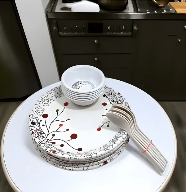 Multicolor_Glossy_Finish_18-Piece_Melamine_Dinner_Set_With_Trendy_Patterns_Contains_6_Full_Plates,_6_Bowls_And_6_Spoons