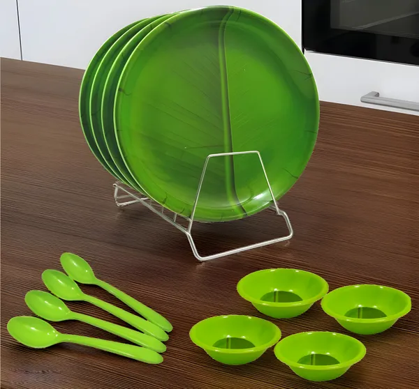 Green_12_Pcs_Elegant_Melamine_Dinner_Set_Contains_4_Full_Plates,_4_Bowls_And_4_Spoons_|_Green_Banana_Leaf_Design_Plates_&_Bowls