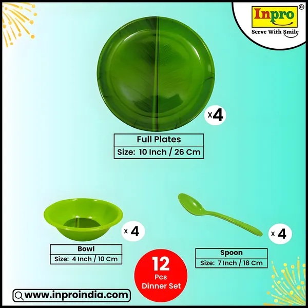 Green_12_Pcs_Elegant_Melamine_Dinner_Set_Contains_4_Full_Plates,_4_Bowls_And_4_Spoons_|_Green_Banana_Leaf_Design_Plates_&_Bowls