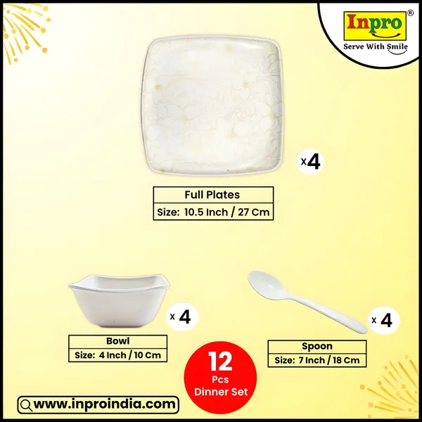 Inpro_Melamine_Dinner_Set_for_Home_&_Hotel_(Pack_of_12_Pcs)|_Strong,_&_Stylish_Dinnerware_Contains_4_Full_Dinner_Plate,_4_bowls,_4_Spoons
