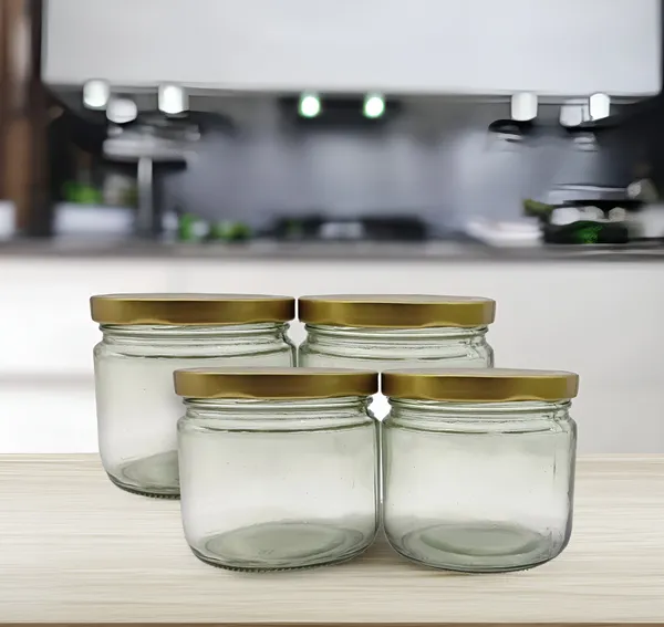 Transparent_350_Ml_Decorative/Plain_Glass_Jar_With_Golden_Lid_(Pack_Of_4)_|_Ideal_For_Spices,_Candies_&_Gifts