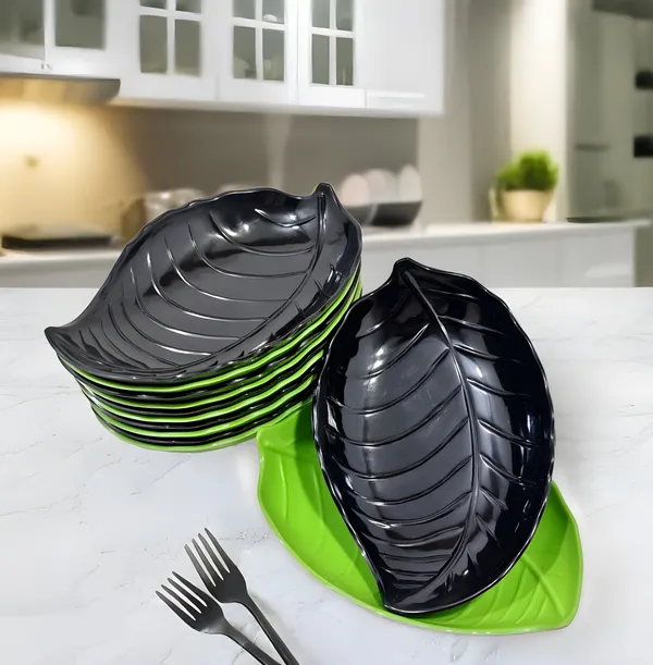 Multicolor_Melamine_Small_Designer_Platters_Set_Of_12_(6_Green_&_6_Black)_Perfect_For_Snacks_And_Meals