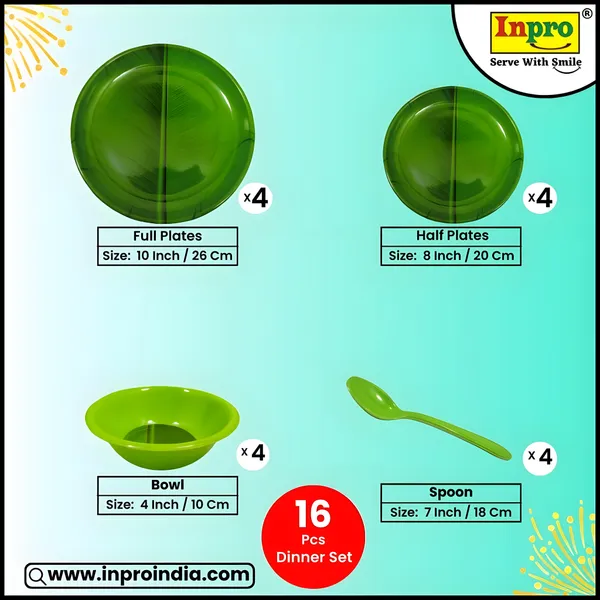 Green_Glossy_Finish_16_Pcs_Melamine_Dinner_Set_Contains_4_Full_Plates,_4_Half_Plates,_4_Bowls_And_4_Spoons_|_Durable_Kitchen_Dinnerware