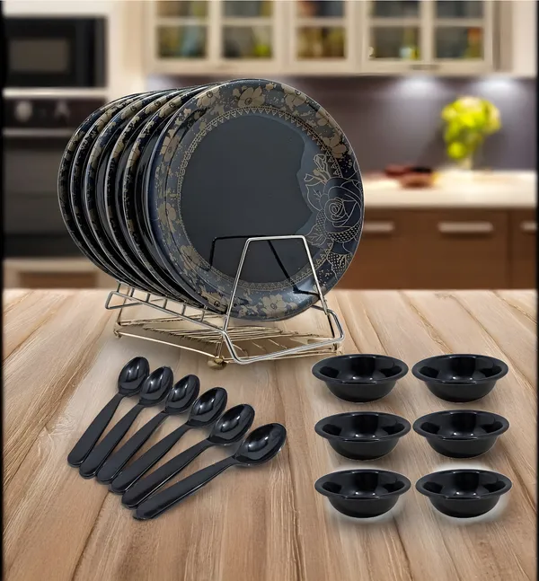 Black_18_Pcs_Melamine_Dinner_Set_Contains_6_Full_Plates,_6_Bowls_And_6_Spoons_|_Lightweight_&_Stain_Resistant_-_Perfect_For_Any_Occasion