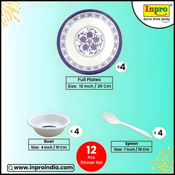 Multicolor_Elegant_Floral_Melamine_12_Pcs_Dinner_Set_Contains_4_Full_Plates,_4_Bowls_And_4_Spoons_|_Perfect_For_Family_Dining