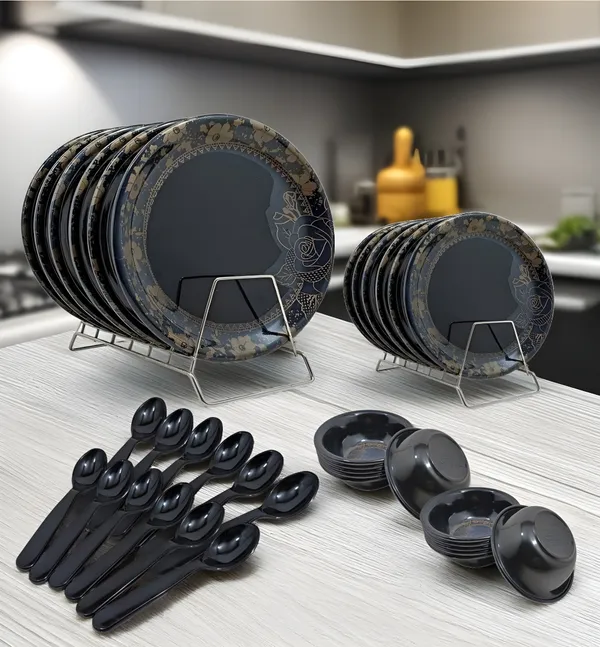 Black_Floral_Design_36_Pcs_Melamine_Dinner_Set_Contains_6_Full_Plates,_6_Half_Plates,_12_Bowls_And_12_Spoons_|_Stylish_Dinnerware_For_Modern_Homes