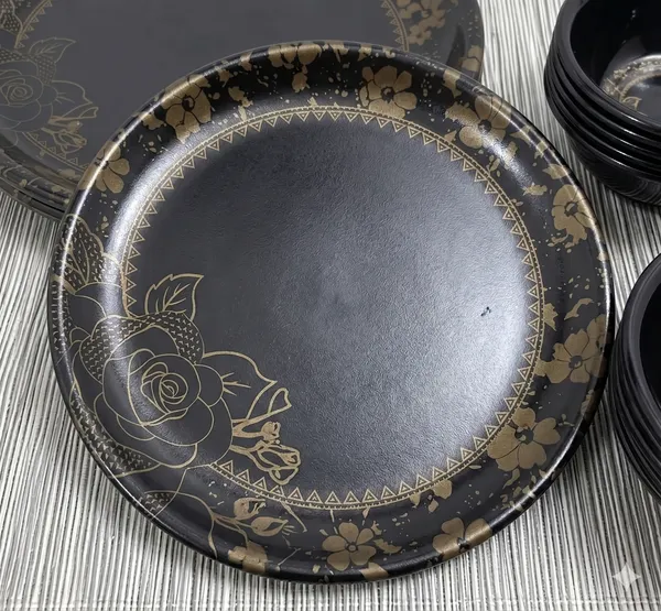 Black_Floral_Design_36_Pcs_Melamine_Dinner_Set_Contains_6_Full_Plates,_6_Half_Plates,_12_Bowls_And_12_Spoons_|_Stylish_Dinnerware_For_Modern_Homes