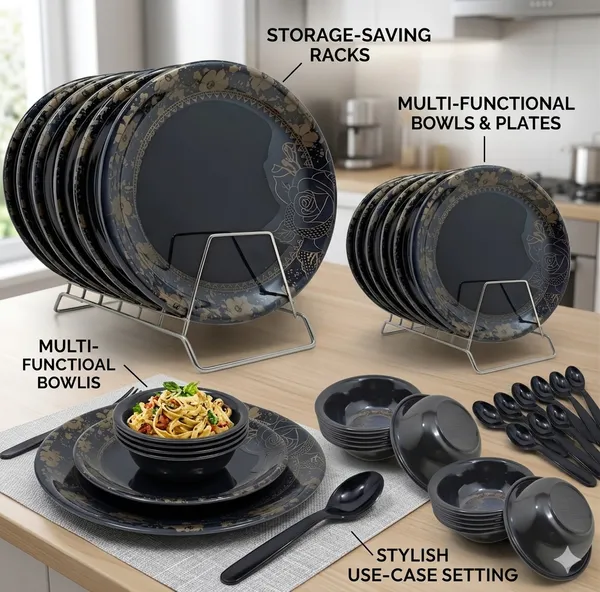 Black_Floral_Design_36_Pcs_Melamine_Dinner_Set_Contains_6_Full_Plates,_6_Half_Plates,_12_Bowls_And_12_Spoons_|_Stylish_Dinnerware_For_Modern_Homes