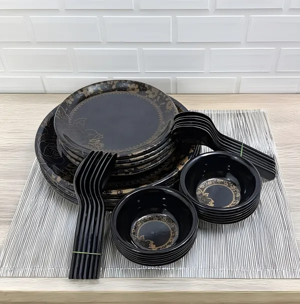 Black_Floral_Design_36_Pcs_Melamine_Dinner_Set_Contains_6_Full_Plates,_6_Half_Plates,_12_Bowls_And_12_Spoons_|_Stylish_Dinnerware_For_Modern_Homes