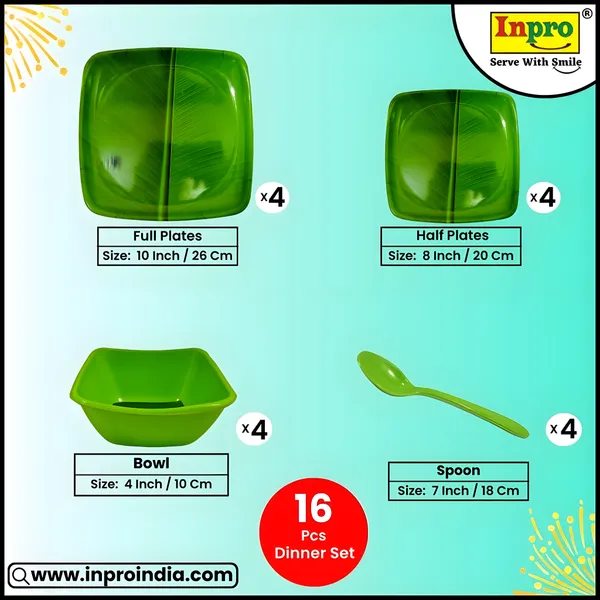 Green_Banana_Leaf_Print_16_Pcs_Melamine_Square_Dinner_Set_Contains_4_Full_Plates,_4_Half_Plates,_4_Bowls_And_4_Spoons_|_Long-Lasting,_Easy_To_Clean