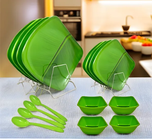 Green_Banana_Leaf_Print_16_Pcs_Melamine_Square_Dinner_Set_Contains_4_Full_Plates,_4_Half_Plates,_4_Bowls_And_4_Spoons_|_Long-Lasting,_Easy_To_Clean