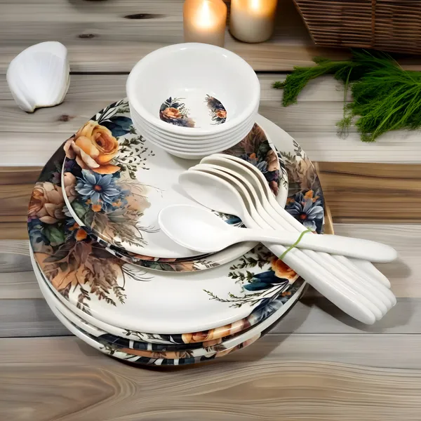 Multicolor_Floral_&_Stylish_24_Pcs_Melamine_Dinner_Set_Contains_6_Full_Plates,_6_Half_Plates,_6_Bowls_And_6_Spoons_For_Modern_Homes