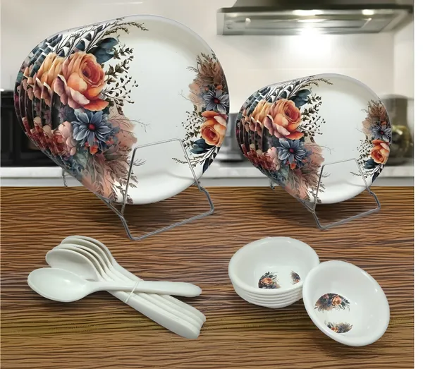 Multicolor_Floral_&_Stylish_24_Pcs_Melamine_Dinner_Set_Contains_6_Full_Plates,_6_Half_Plates,_6_Bowls_And_6_Spoons_For_Modern_Homes