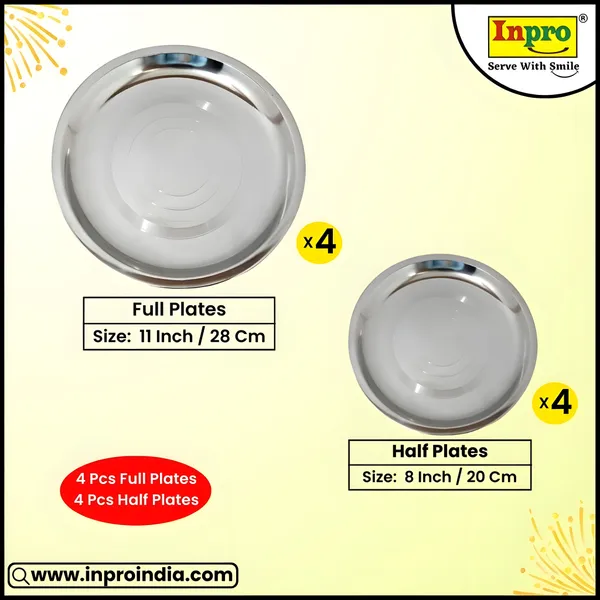 Silver_(4_Full_&_4_Half)_Lightweight_Stainless_Steel_Dinner_Plates_Set_Of_8Ideal_For_Family_Dining