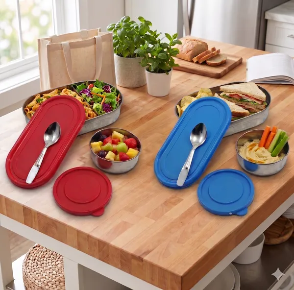 Inpro_(Set_of_2)_Stainless_Steel_Lunch_Box_Combo_with_Spoon_&_Extra_Container_|_Reusable_Bento_Style_Tiffin_Box