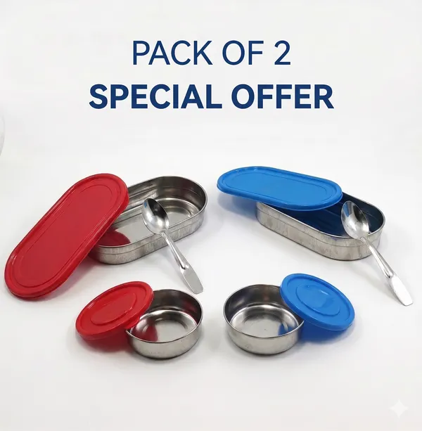 Inpro_(Set_of_2)_Stainless_Steel_Lunch_Box_Combo_with_Spoon_&_Extra_Container_|_Reusable_Bento_Style_Tiffin_Box