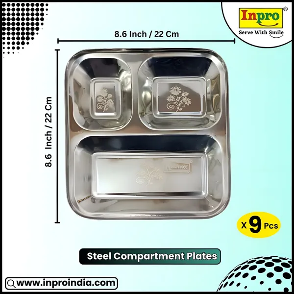 Inpro_Stainless_Steel_3_Section_Plate(Pack_of_9)_|_Half_Square_Thali_with_3_Compartments_|_Dinner_Plate_for_Lunch,_Snacks,_Tiffin