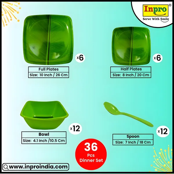 Green_Square_36_Pcs_Melamine_Dinner_Set_Contains_6_Full_Plates,_6_Half_Plates,_12_Bowls_And_12_Spoons_|_Perfect_For_Large_Families,_Parties_&_Daily_Meals