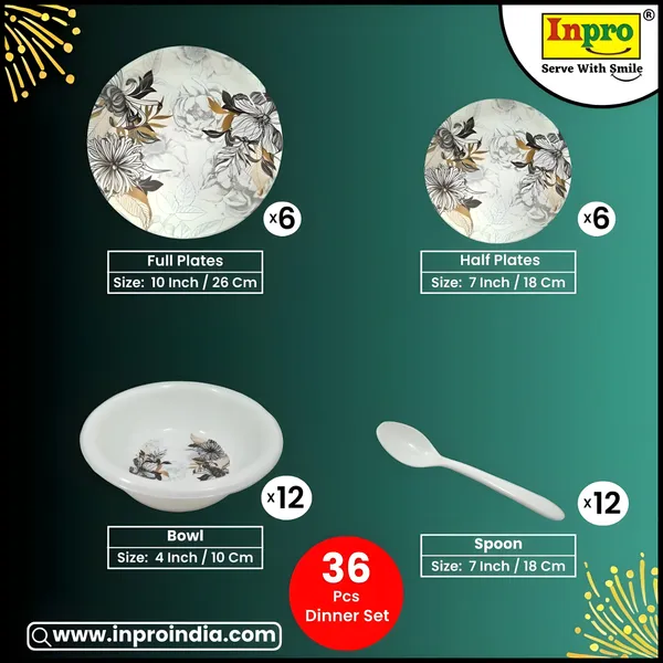 Multicolor_Elegant_Floral_Melamine_36_Pcs_Dinner_Set_Contains_6_Full_Plates,_6_Half_Plates,_12_Bowls_And_12_Spoons_|_Durable,_Scratch-Resistant_Dinnerware