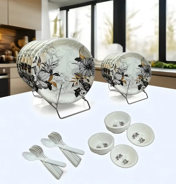 Multicolor_Elegant_Floral_Melamine_36_Pcs_Dinner_Set_Contains_6_Full_Plates,_6_Half_Plates,_12_Bowls_And_12_Spoons_|_Durable,_Scratch-Resistant_Dinnerware
