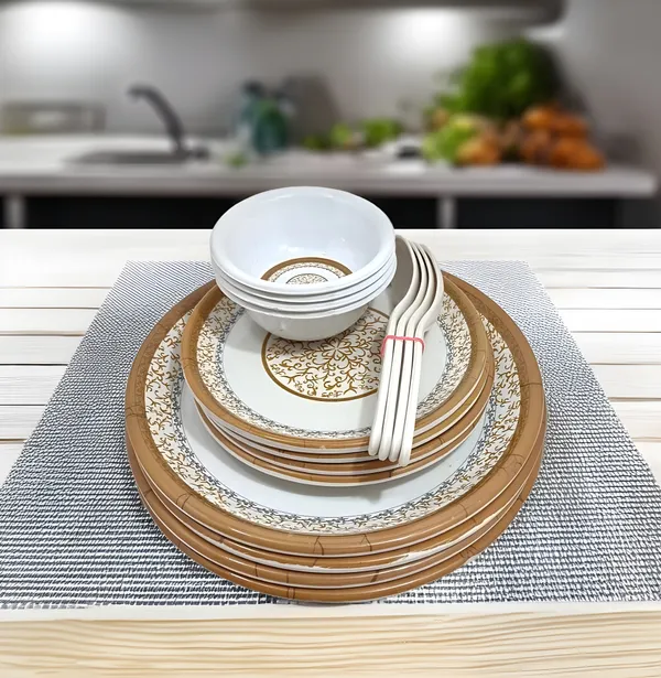 Multicolor_Classic_Pattern_Melamine_16_Pcs_Dinner_Set_Contains_4_Full_Plates,_4_Half_Plates,_4_Bowls_And_4_Spoons_|_Long-Lasting,_Easy-Clean_Dinnerware