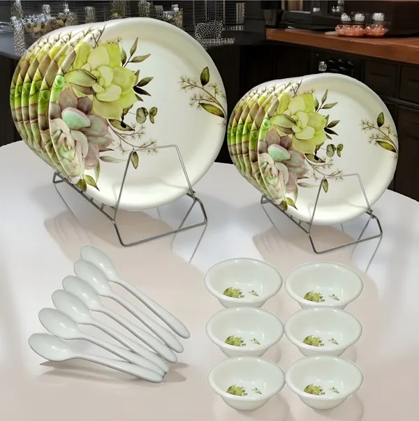 Multicolor_Melamine_Dinner_Set_24_Pcs_Contains_6_Full_Plates,_6_Half_Plates,_6_Bowls_And_6_Spoons_-_Perfect_For_Any_Occasion.