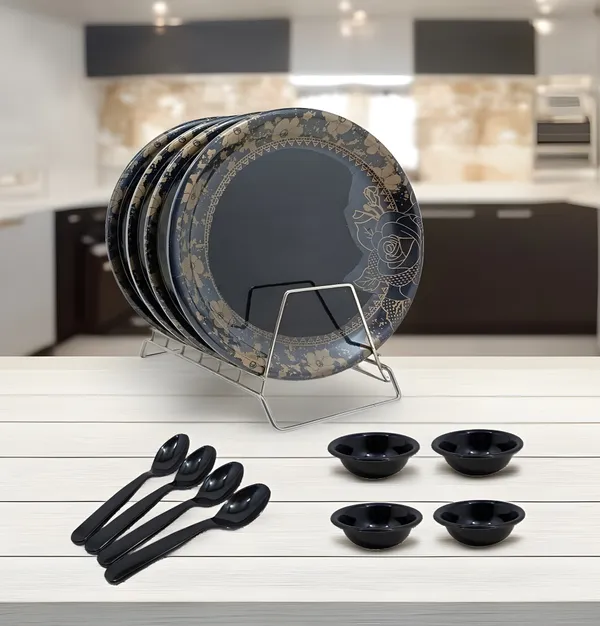 Black_Stylish_Melamine_Round_Dinner_Set_12_Pcs_Contains_4_Full_Plates,_4_Bowls_And_4_Spoons_|_Floral_Design_For_Home_&_Kitchen