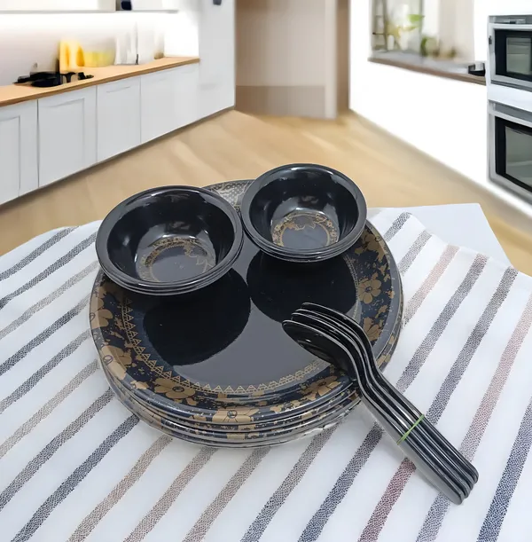 Black_Stylish_Melamine_Round_Dinner_Set_12_Pcs_Contains_4_Full_Plates,_4_Bowls_And_4_Spoons_|_Floral_Design_For_Home_&_Kitchen