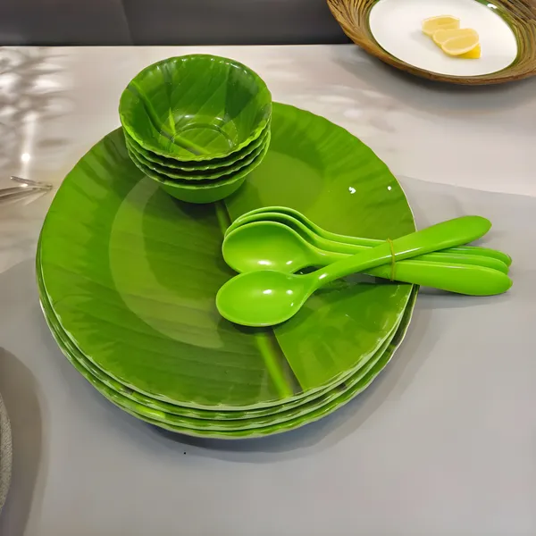 Green_Melamine_12_Pcs_Banana_Leaf_Print_Dinner_Set_Contains_4_Full_Plates,_4_Bowls_And_4_Spoons_|_Perfect_For_Festivals_&_Guests