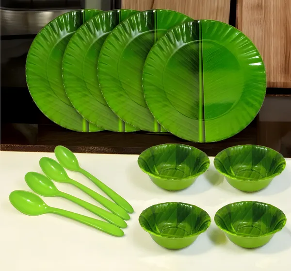 Green_Melamine_12_Pcs_Banana_Leaf_Print_Dinner_Set_Contains_4_Full_Plates,_4_Bowls_And_4_Spoons_|_Perfect_For_Festivals_&_Guests