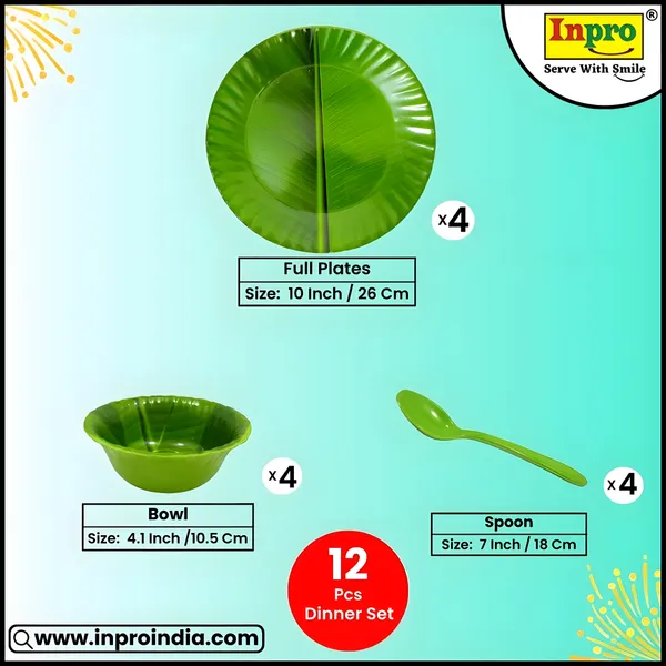 Green_Melamine_12_Pcs_Banana_Leaf_Print_Dinner_Set_Contains_4_Full_Plates,_4_Bowls_And_4_Spoons_|_Perfect_For_Festivals_&_Guests