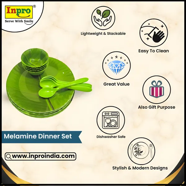 Green_Melamine_12_Pcs_Banana_Leaf_Print_Dinner_Set_Contains_4_Full_Plates,_4_Bowls_And_4_Spoons_|_Perfect_For_Festivals_&_Guests