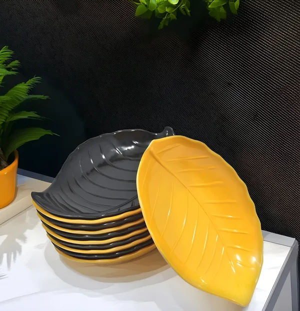 Multicolor_Melamine_Small_Leaf_Shape_Snacks_Platters_Set_Of_12_(6_Yellow_&_6_Black)_Perfect_For_Kitchen