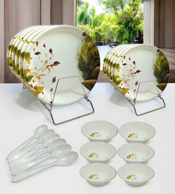 Multicolor_Elegant_Floral_Design_24_Pcs_Melamine_Dinner_Set_Contains_6_Full_Plates,_6_Half_Plates,_6_Bowls_And_6_Spoons_For_Daily_&_Festive_Use