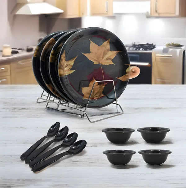 Black_Stylish_Printed_12_Pcs_Melamine_Dinner_Set_Contains_4_Full_Plates,_4_Bowls_And_4_Spoons_|_Superior_Shine_&_Scratch-Resistant