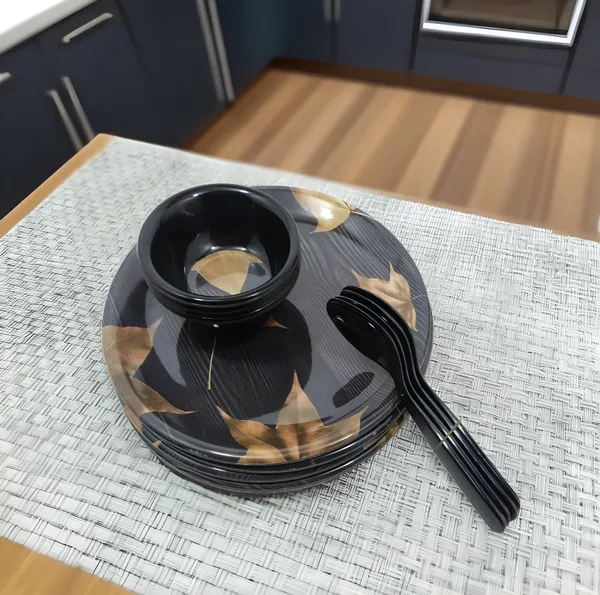 Black_Stylish_Printed_12_Pcs_Melamine_Dinner_Set_Contains_4_Full_Plates,_4_Bowls_And_4_Spoons_|_Superior_Shine_&_Scratch-Resistant