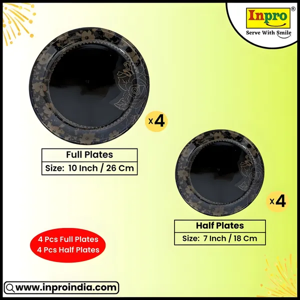Black_Set_Of_8_(4_Full_&_4_Half)_Melamine_Round_Dinner_Plates_-_Perfect_For_Dinner_And_Snacks