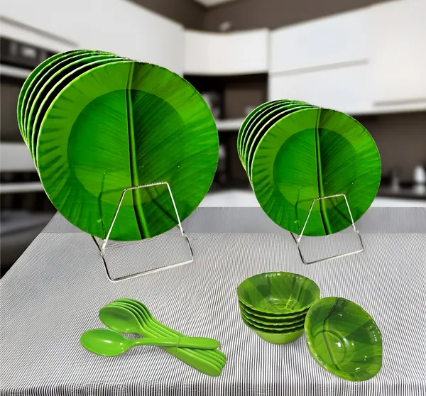Green_Stylish_24_Pcs_Melamine_Dinner_Set_Contains_6_Full_Plates,_6_Half_Plates,_6_Bowls_And_6_Spoons_|_Lightweight_Tableware_For_Daily_Use.