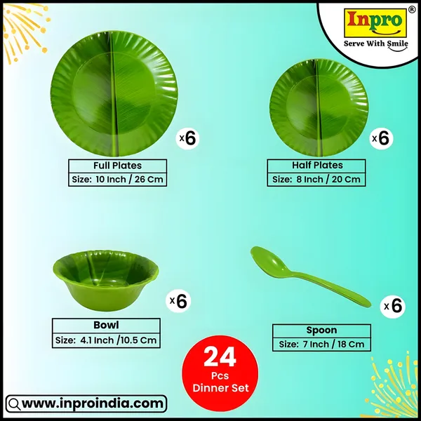 Green_Stylish_24_Pcs_Melamine_Dinner_Set_Contains_6_Full_Plates,_6_Half_Plates,_6_Bowls_And_6_Spoons_|_Lightweight_Tableware_For_Daily_Use.